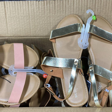 Assorted Colors/Sizes of Pink & Gold Strap Sandals (32 Pcs Lot) - Discount Wholesalers Inc